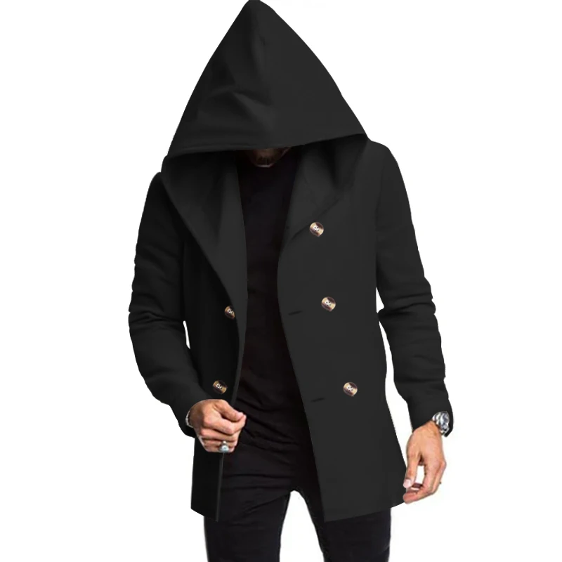 Edelman - Mantel Jacke Herren – Langer Hoodie-Mantel mit Doppelreiher-Knöpfen