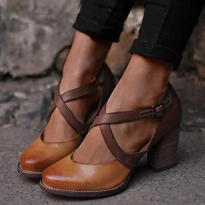 Vintage-Sandalen für Damen mit Blockabsatz | Kreuzriemen Schnalle