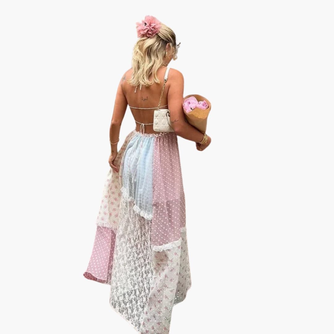 Patchwork Maxikleid - Damen Sommerkleid mit Spaghettiträgern