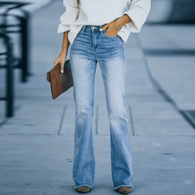 Boho-Chic Schlaghosen Damen – Hochdehnbare Stretch-Jeans im Hellen Vintage-Look von Fadenburg