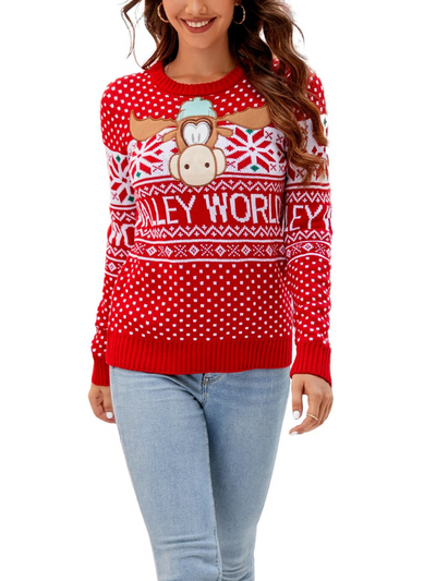 Feierku - Weihnachtspullover mit Rentier- und Tannenbaum-Muster, Damen Strickpullover