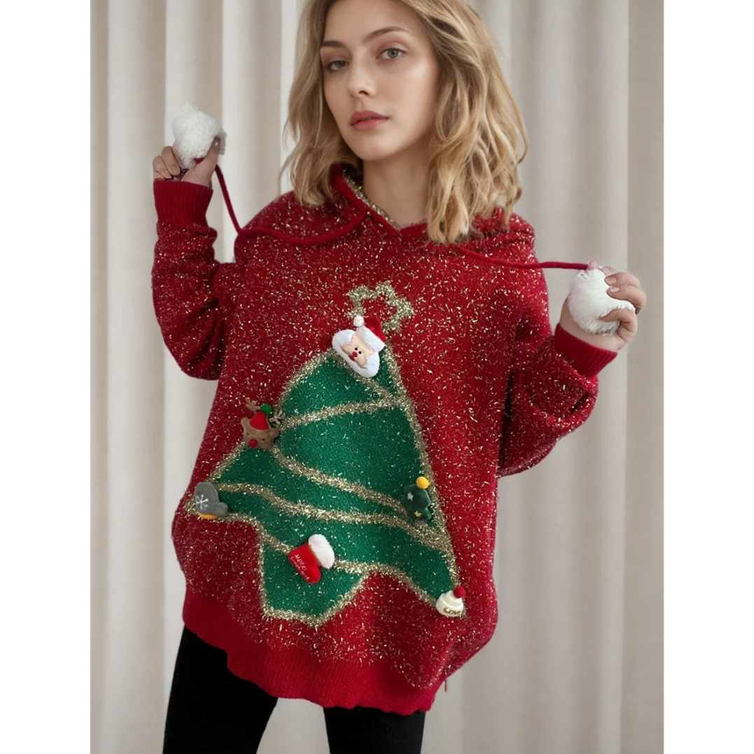 Kusluxx - Glitzernder Weihnachtspullover mit 3D-Weihnachtsbaum-Motiv