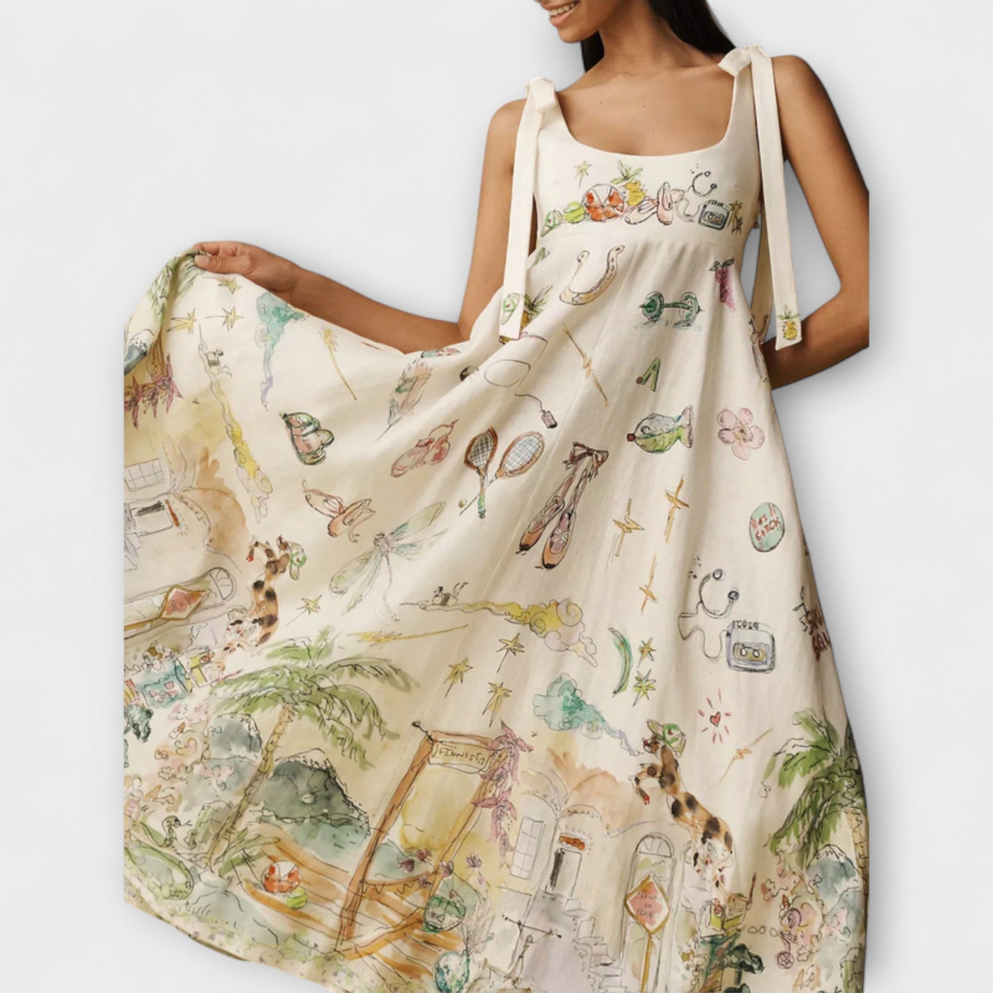 Juliette - Gemaltes Leinen-Midi-Kleid mit Ballettband