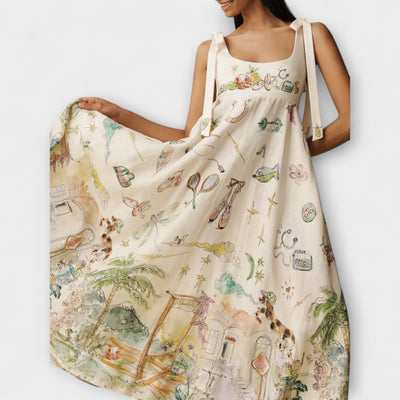 Juliette - Gemaltes Leinen-Midi-Kleid mit Ballettband
