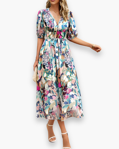 Damen Elegantes Blumendruck Midikleid | Midi Sommer Kleid