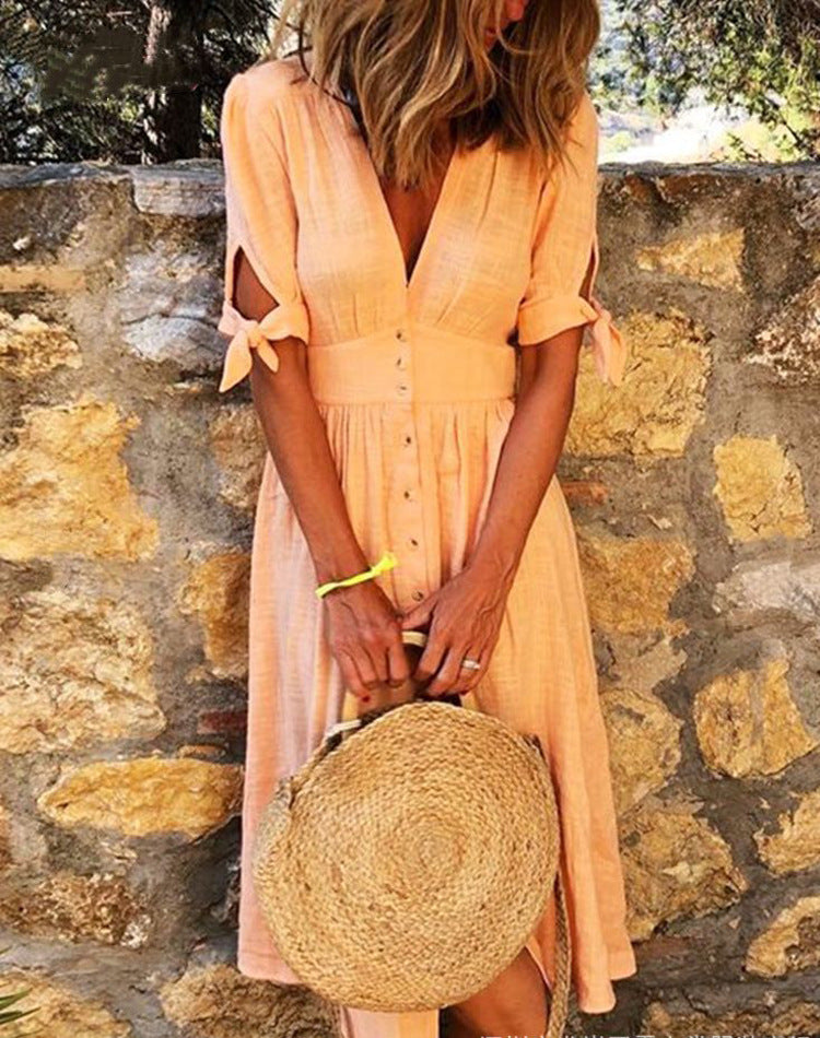 Chic-Kleid mit Knopfleiste und eleganten Schleifen-Akzenten –  Mia