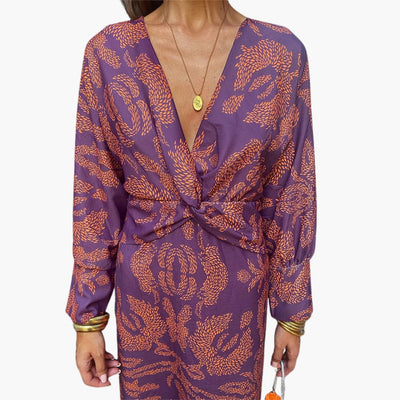 Midikleid für Damen - Blumenmuster, Langarm & V-Ausschnitt