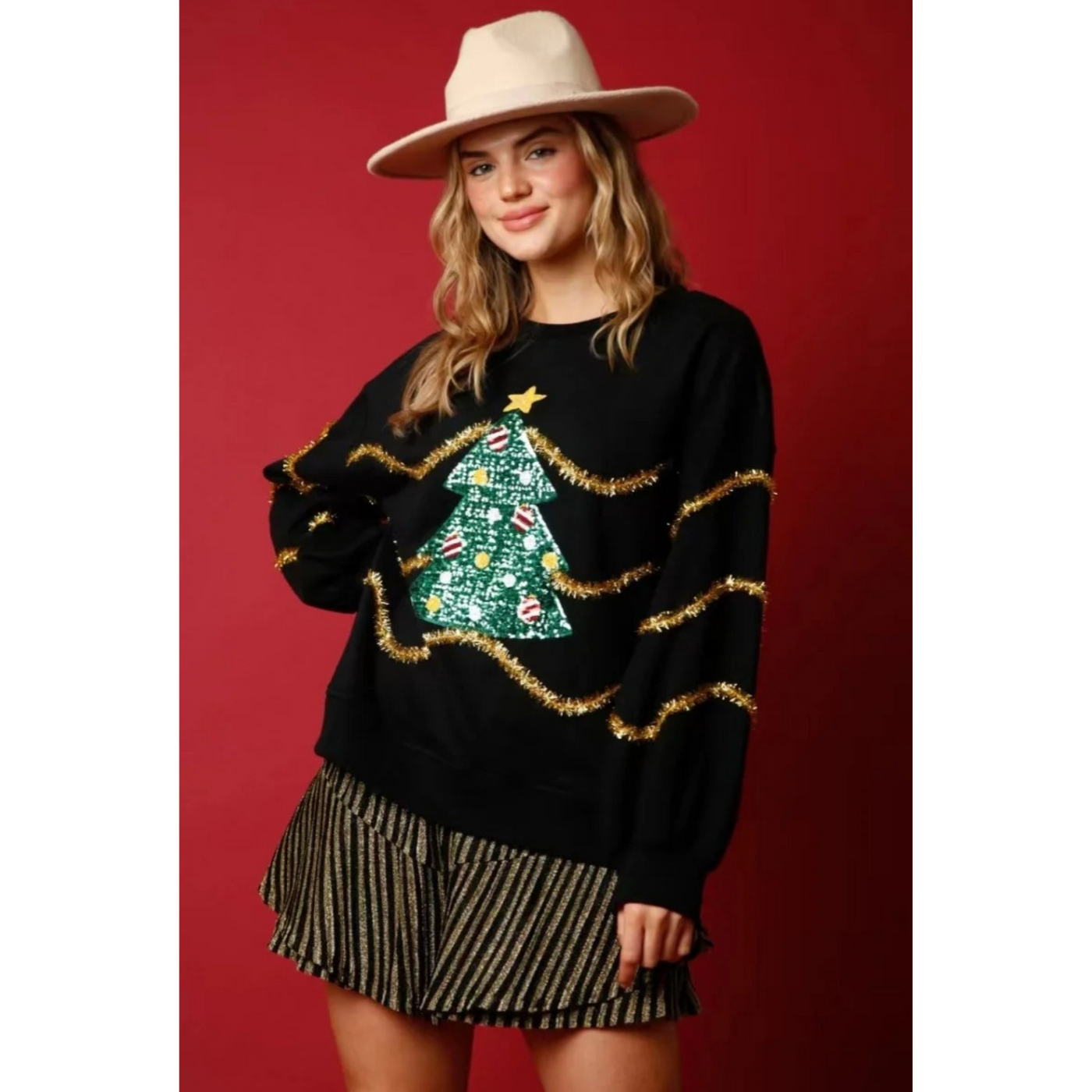 Luxweih - Weihnachtspullover mit festlichem Weihnachtsbaum-Motiv und Details