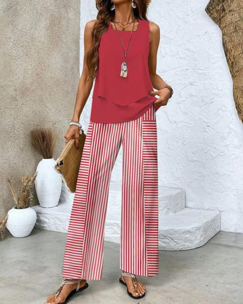 Damen Sommer Set Zweiteiler | Ärmelloses Top & Gerade Hose