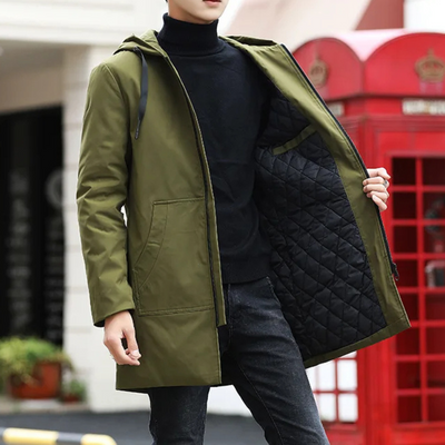 Polstox - Langer Wintermantel Herren – Leichter Steppmantel mit Kapuze und Futter