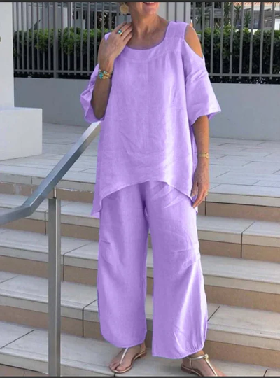 Damen-Kurzarmhose aus Baumwollleinen mit Rundhalsausschnitt –  Laura