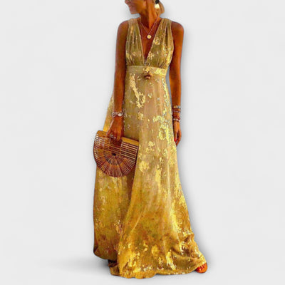 Elegantes Damen Kleid mit V-Ausschnitt, Pailletten-Details und Luftigem Stoff für Warme Tage