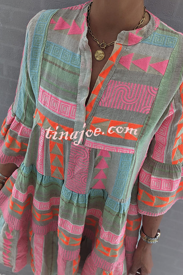 Ethno-Print Babydoll-Minikleid mit Glockenärmeln –  Lisa