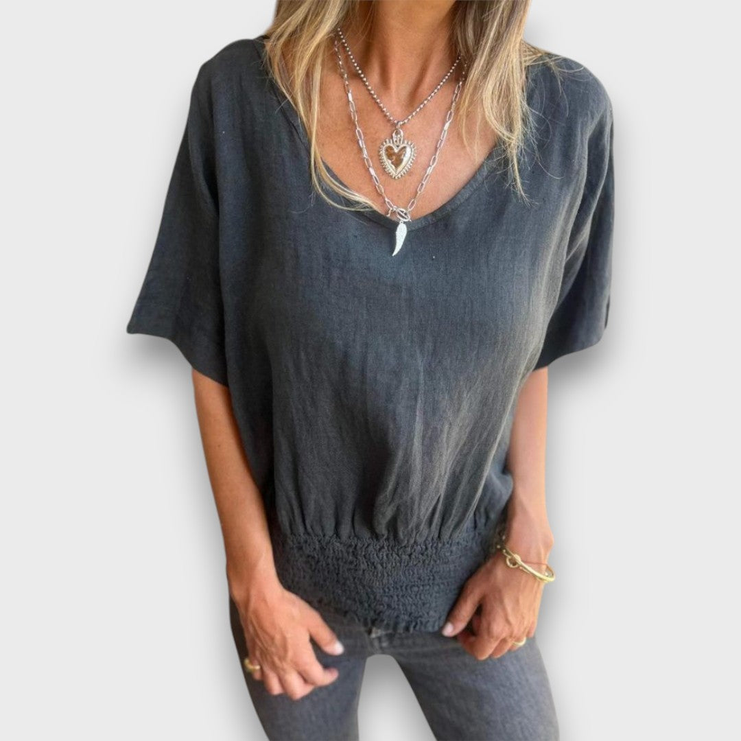 Bomia – Bequemes T-Shirt mit Taillenbund und V-Ausschnitt