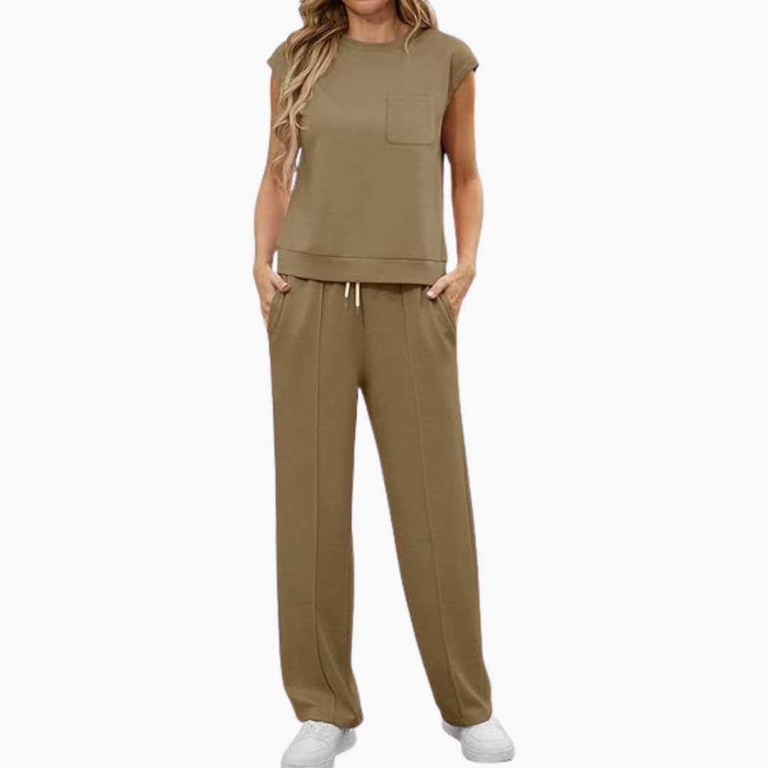 Zweiteiliges Sommer Set für Damen mit Kappärmeln und Taschen