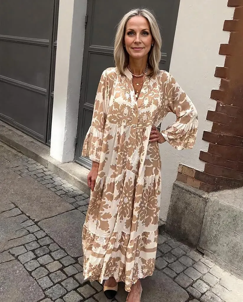 Attraktives Maxikleid mit V-Ausschnitt und 3/4-Ärmeln