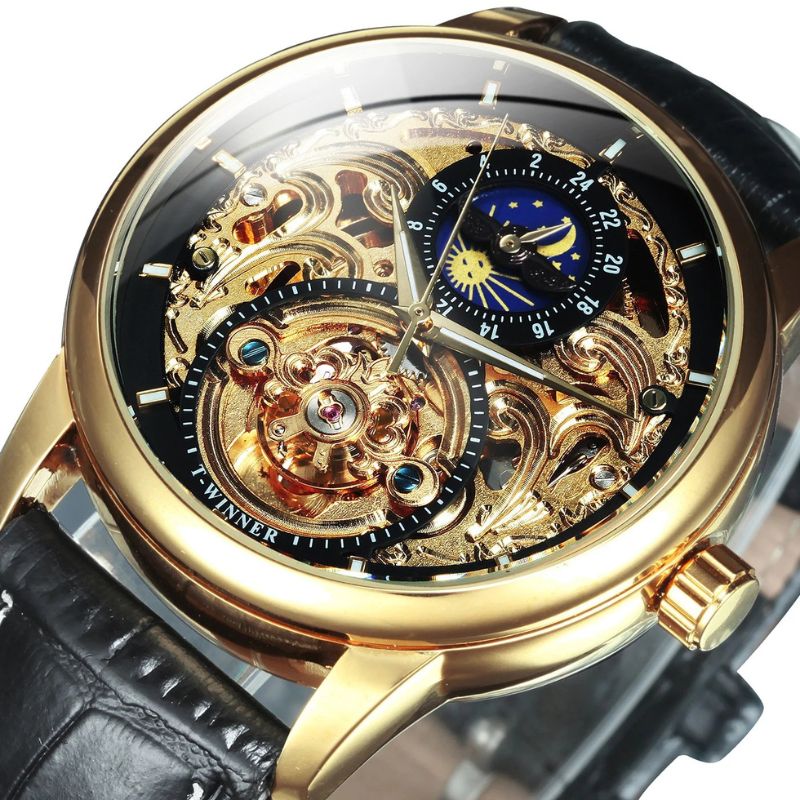 Skelettierte Automatik-Mondphasenuhr mit Goldenem Finish und Hochwertigem Lederarmband