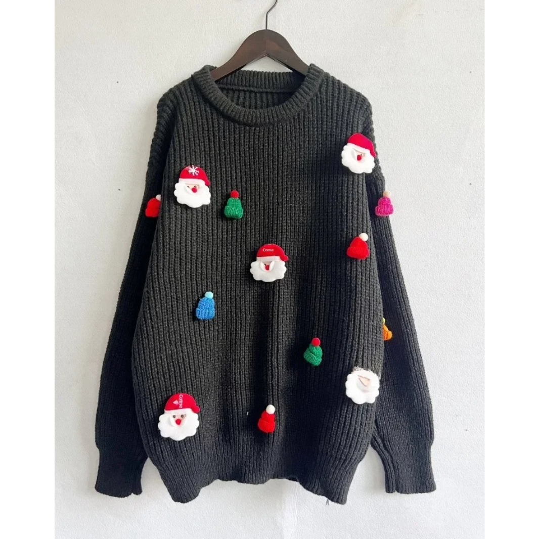 Pultran - Weihnachtspullover mit Weihnachtsmann-Applikationen und Strickoptik