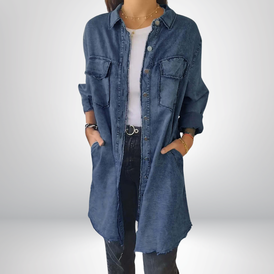 Krystyna – Stilvolle Jeansjacke Mit Langen Ärmeln und Kragen