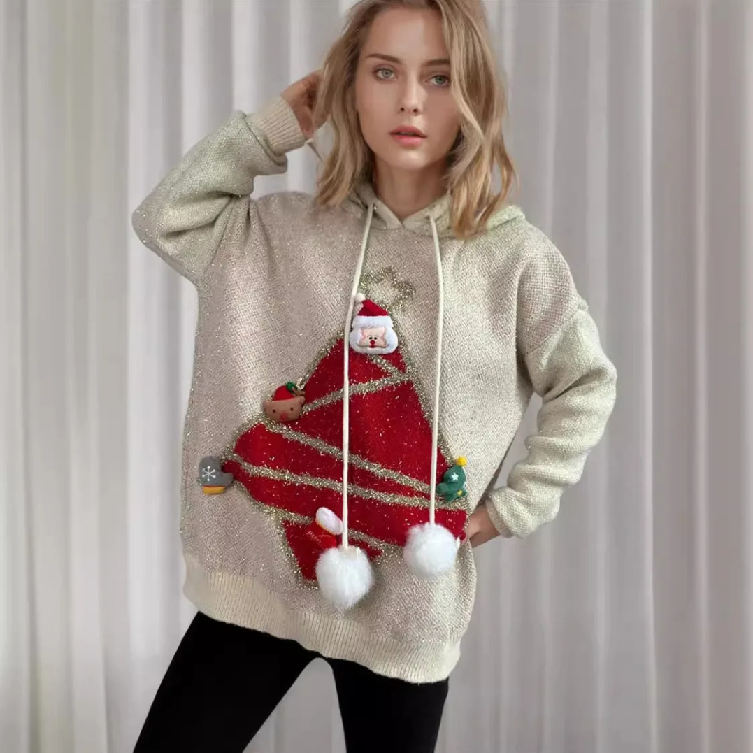 Kusluxx - Glitzernder Weihnachtspullover mit 3D-Weihnachtsbaum-Motiv