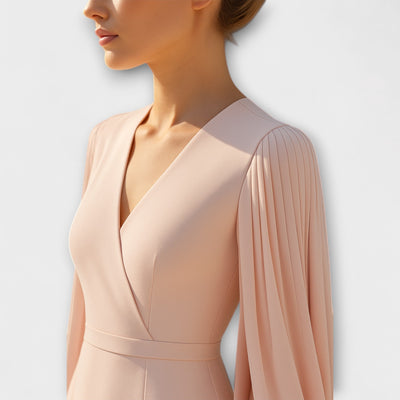 Rachel - Hellrosa Midi-Kleid mit V-Ausschnitt und Chiffon-Ärmel