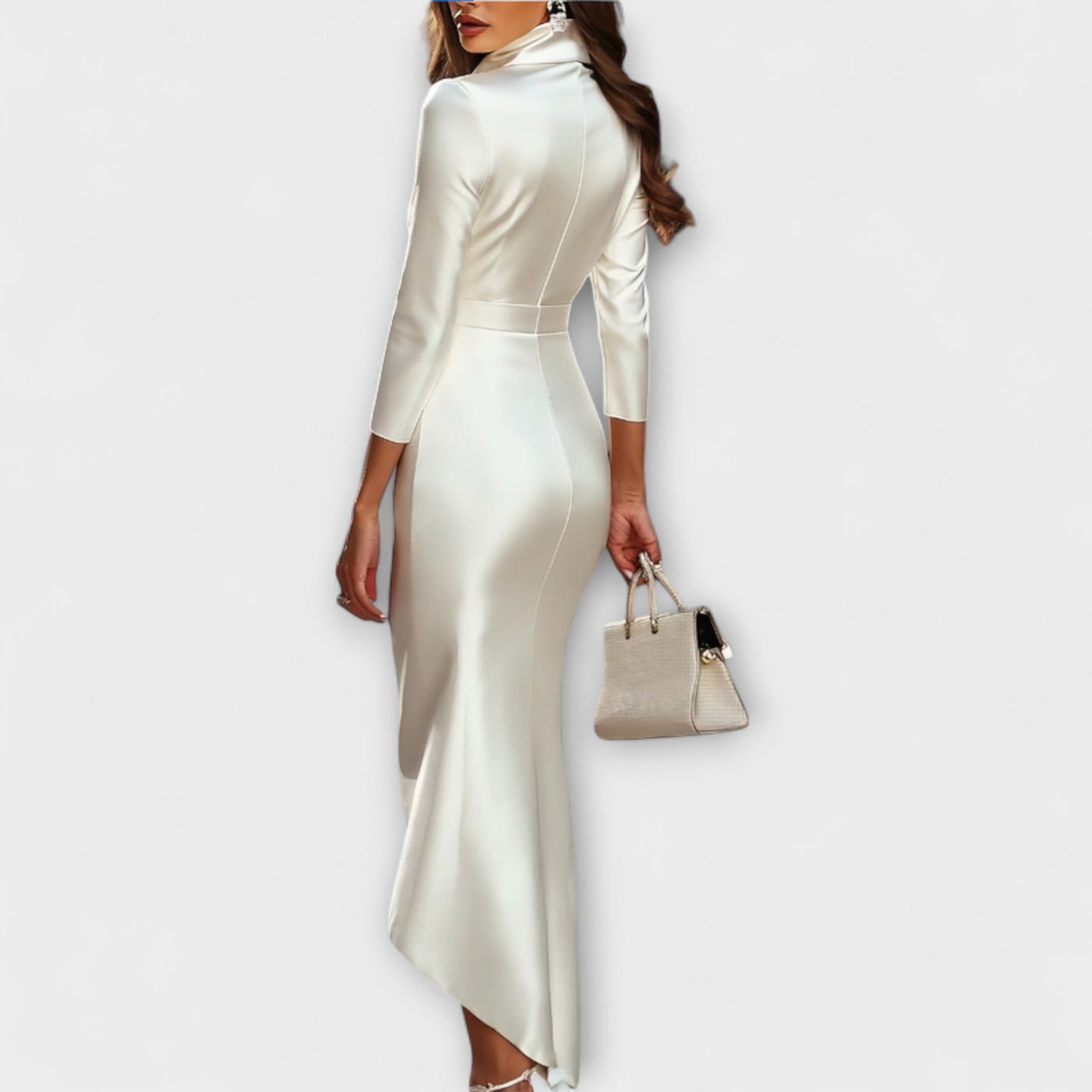 Rebecca - Elegantes weißes Satin-Midi-Kleid mit V-Ausschnitt