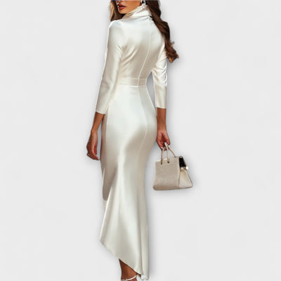 Rebecca - Elegantes weißes Satin-Midi-Kleid mit V-Ausschnitt