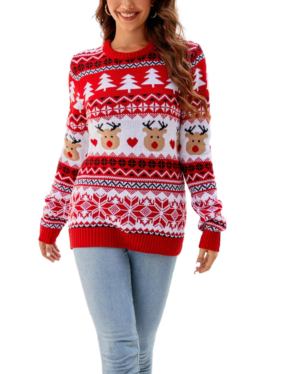 Feierku - Weihnachtspullover mit Rentier- und Tannenbaum-Muster, Damen Strickpullover