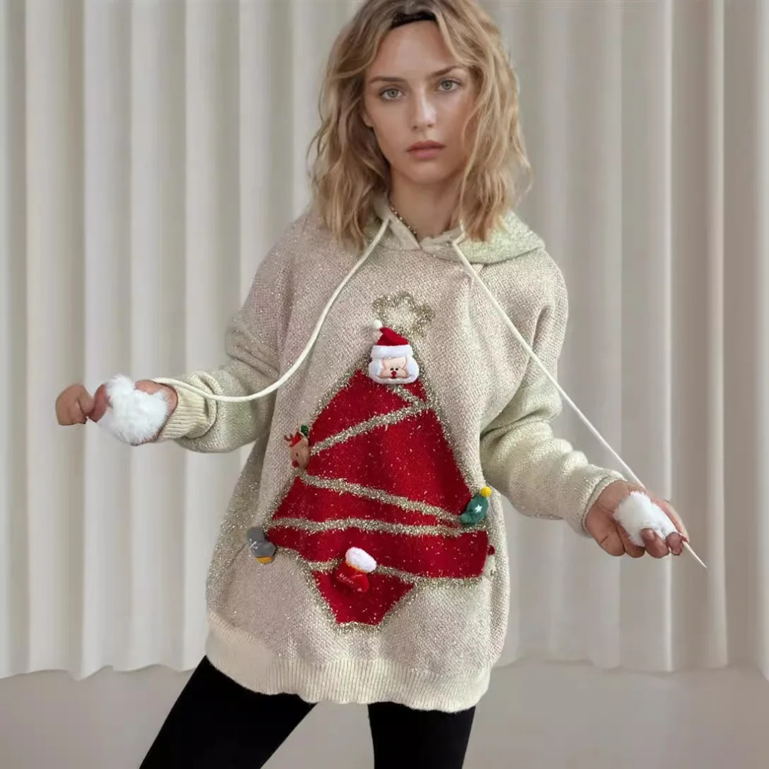 Kusluxx - Glitzernder Weihnachtspullover mit 3D-Weihnachtsbaum-Motiv