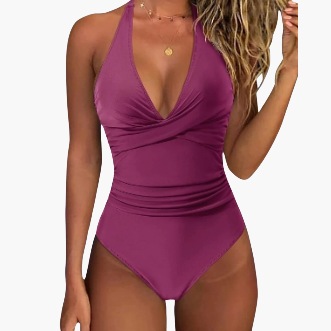 Karierter Sommer-Badeanzug - Damen Einteiler mit V-Ausschnitt