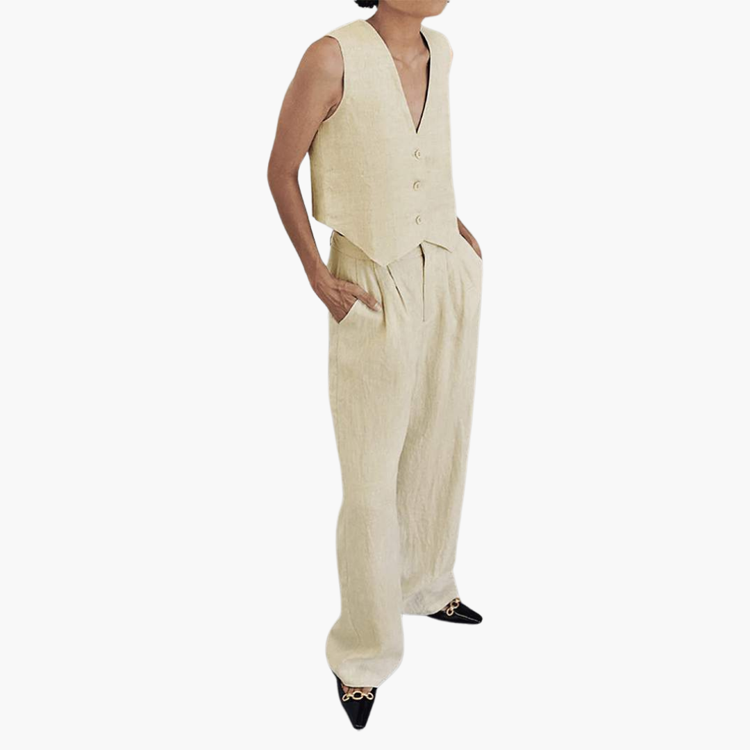 Zweiteiler mit V-Ausschnitt leinen - Damen Sommer Zweiteiler