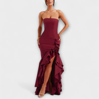 Zuri - Off-Shoulder Slim Fit Maxikleid mit asymmetrischem Saum