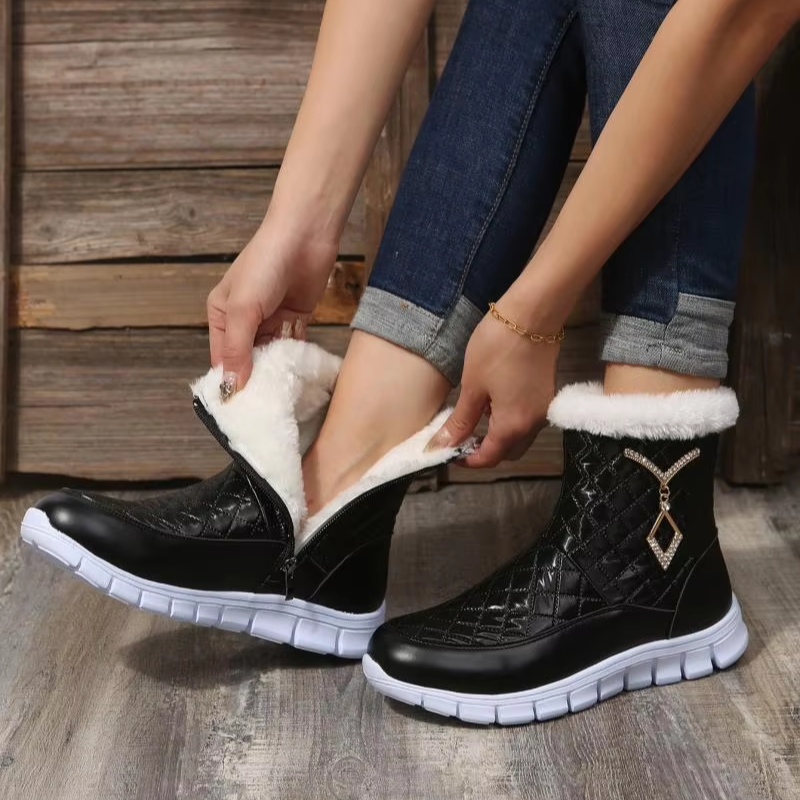 Glizina - Damen Winterstiefel mit Steppmuster, Fellkragen und Reißverschluss