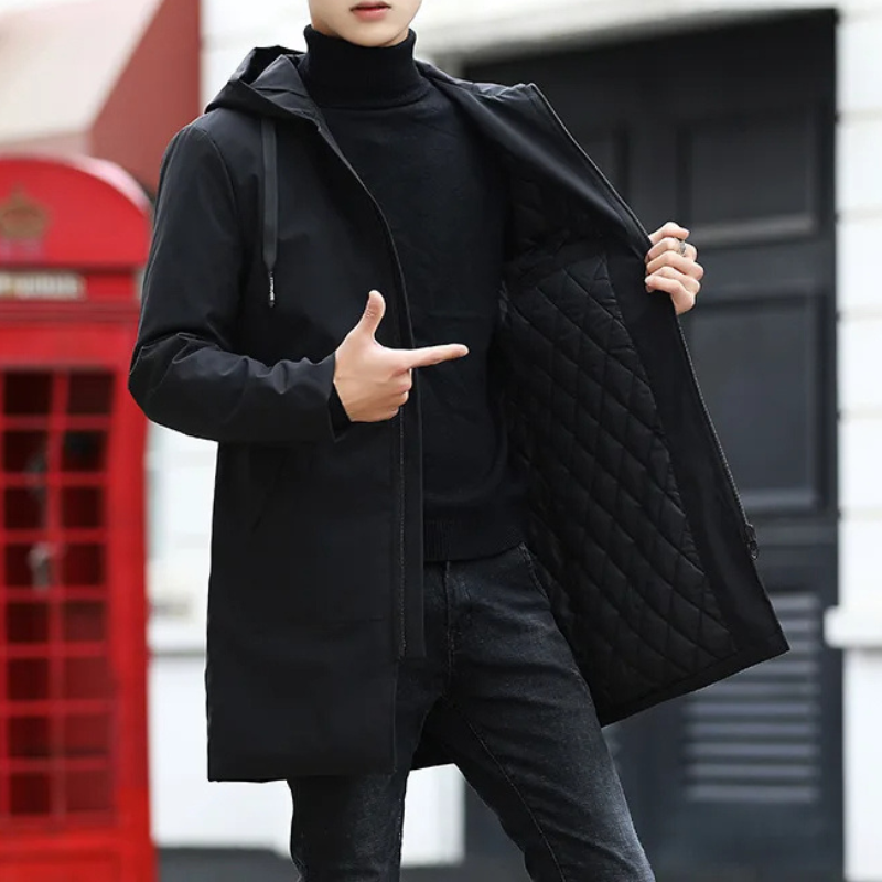 Polstox - Langer Wintermantel Herren – Leichter Steppmantel mit Kapuze und Futter