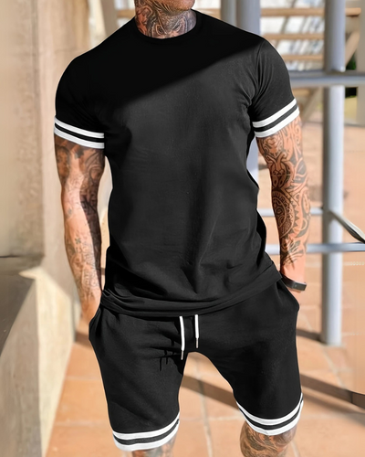 Herren Sport Set mit T-Shirt & Shorts | Zweiteiler mit Streifen für Sommer & Training