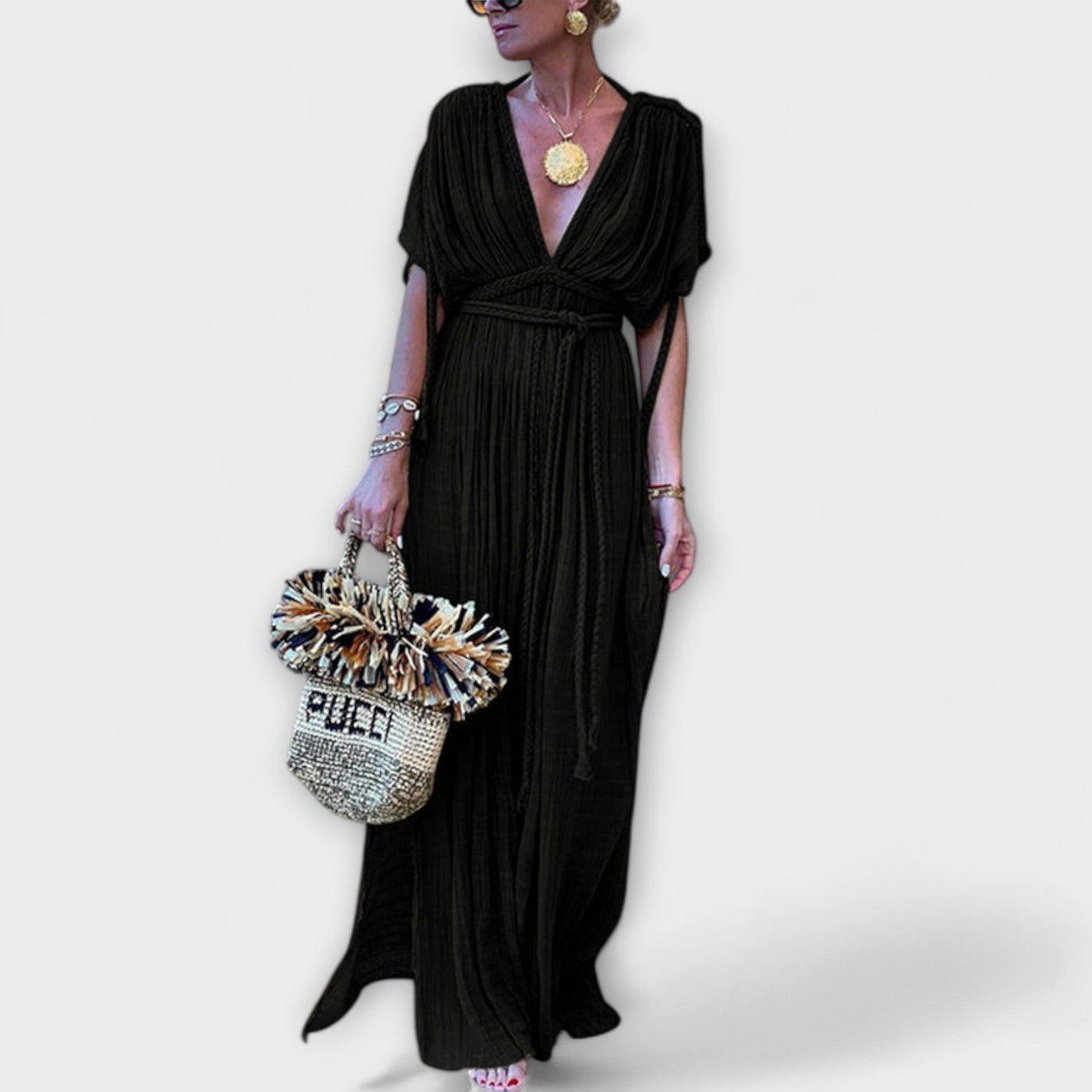 Beata Griechisches Kimono-Maxikleid Damen – Elegantes Wickeldesign mit Hohem Taillenschnitt