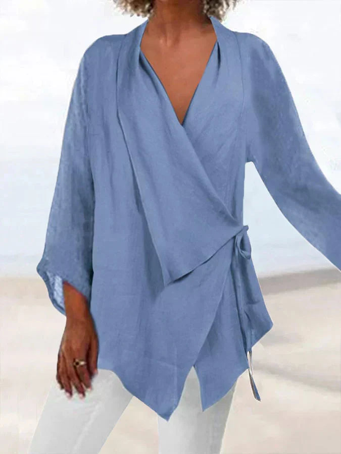 Baumwoll-Leinen Wickelbluse mit Schleife für Damen –Nina