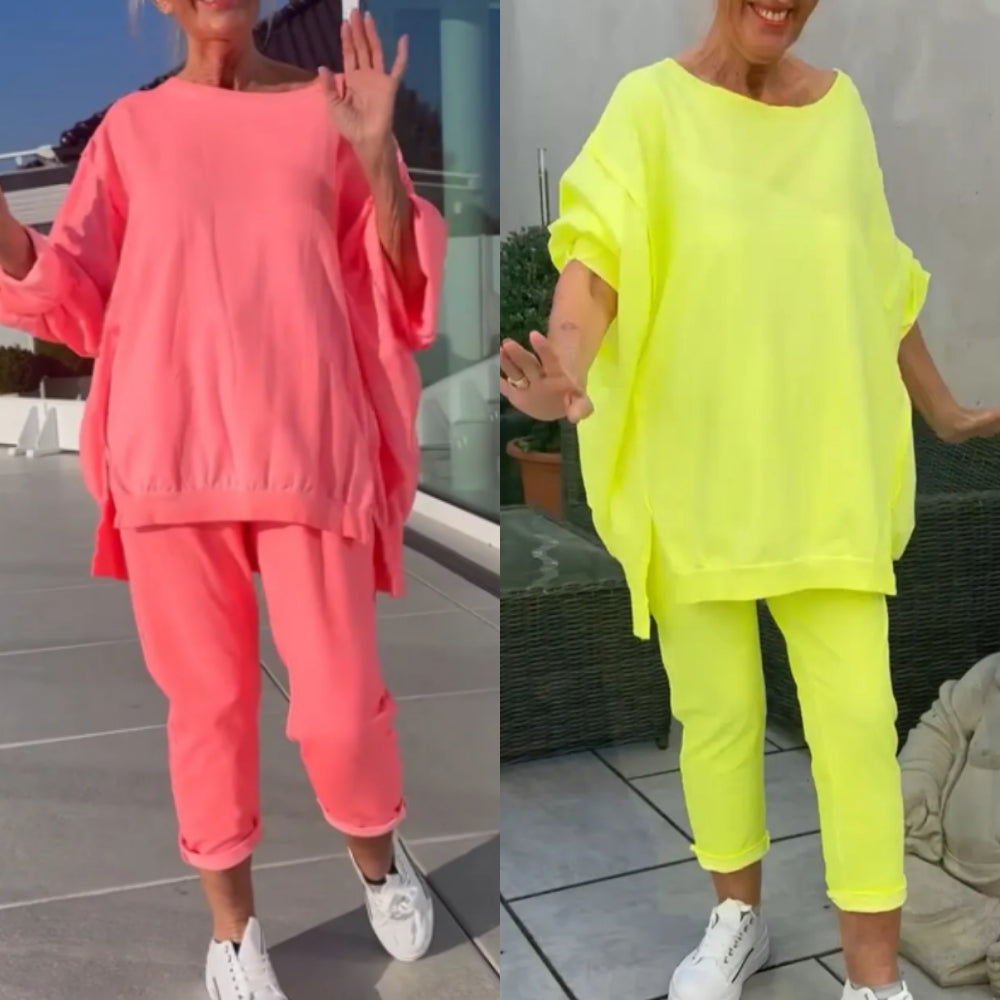 Brace | Runder Halsausschnitt Schlitz fluoreszierende Farbe Casual Anzug für Damen