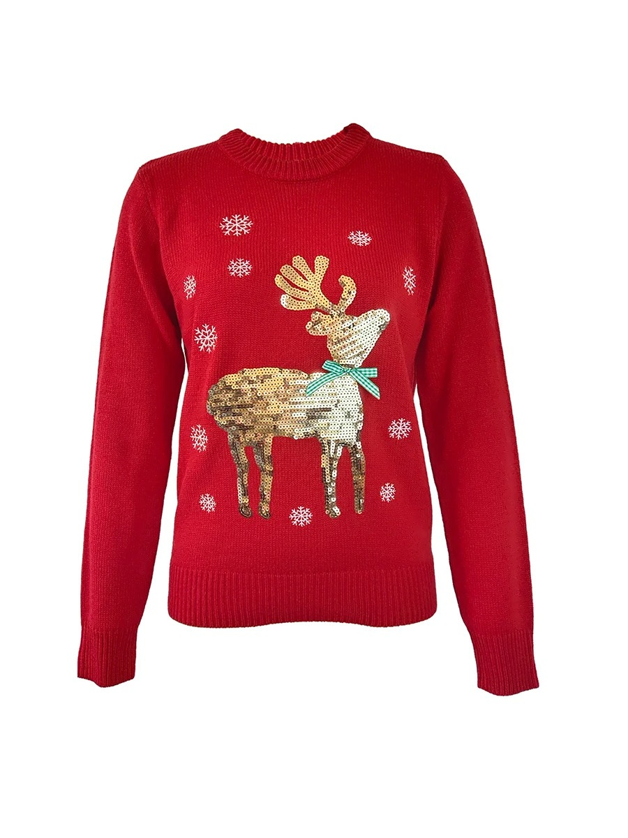 Feierku - Weihnachtspullover mit Rentier- und Tannenbaum-Muster, Damen Strickpullover