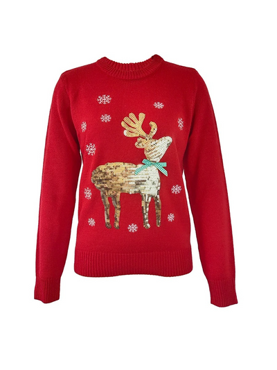 Feierku - Weihnachtspullover mit Rentier- und Tannenbaum-Muster, Damen Strickpullover