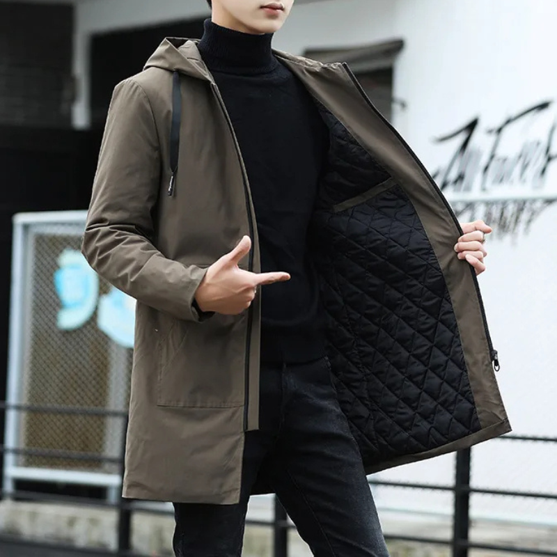 Polstox - Langer Wintermantel Herren – Leichter Steppmantel mit Kapuze und Futter