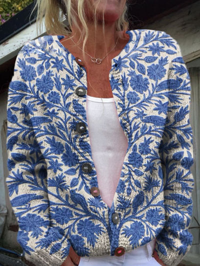 Strickjacke Damen Blumenmuster Elegant | Rundhals Knopfleiste