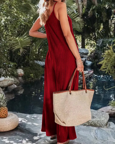 Damen Ärmelloser Gerippter Jumpsuit | Weites Bein