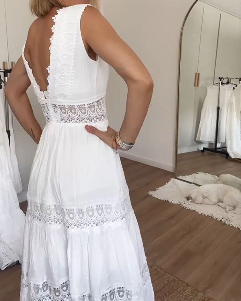 Elegantes Midi Sommerkleid mit Spitze & V-Ausschnitt – Feminin & Luftig