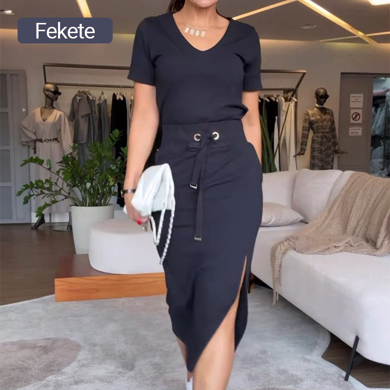 Sam | Damen V-Ausschnitt T-Shirt und Midirock-Set👗