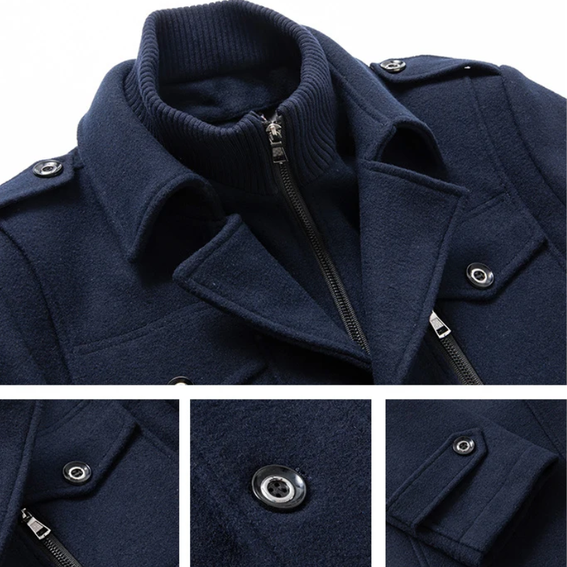 Warmlux - Langer Mantel Herren Modischer Wollmantel Mit Stehkragen und Taschen