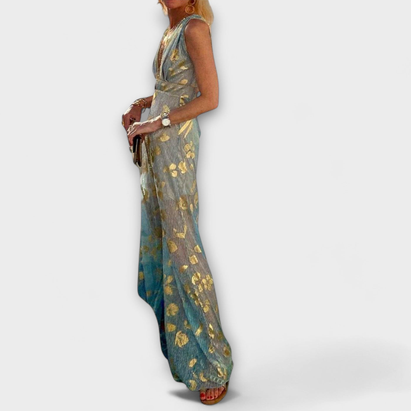 Elegantes Damen Kleid mit V-Ausschnitt, Pailletten-Details und Luftigem Stoff für Warme Tage