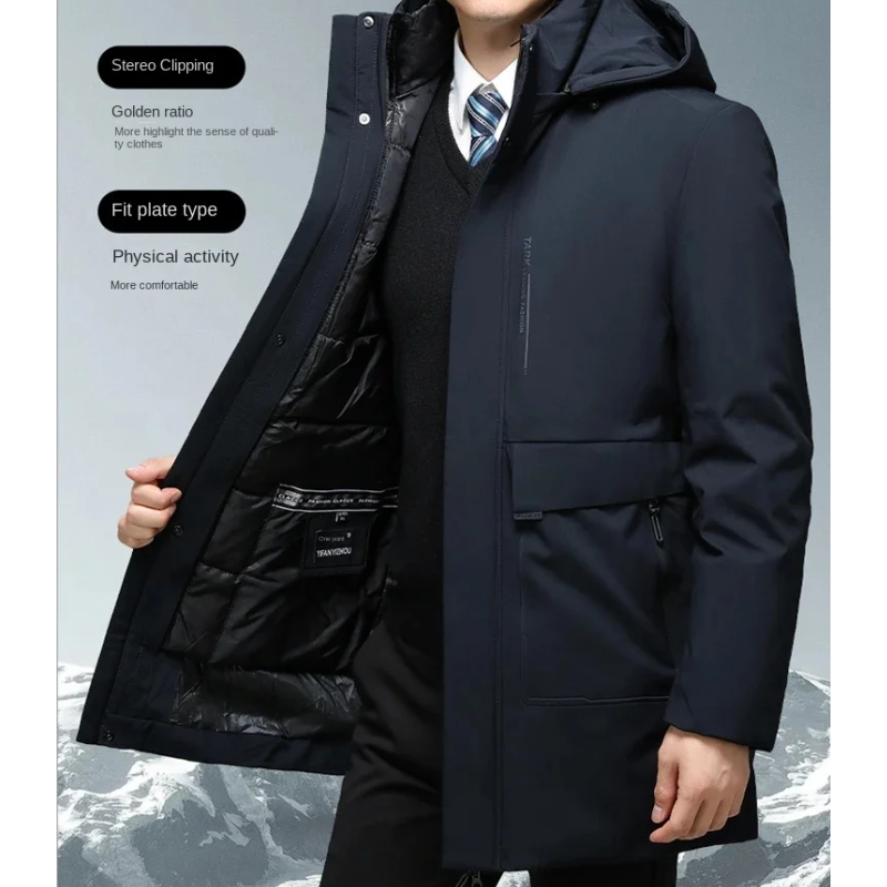 Kaltfur - Langer Wintermantel Herren Daunenmantel Warm Gefüttert Mit Kapuze