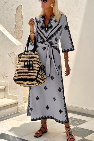 Chices Leinenkleid im Boheme-Stil mit Taillengürtel –Laura