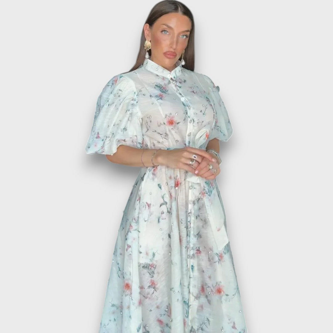 Celindra – Maxi-Kleid mit floraler Struktur und Bindegürtel